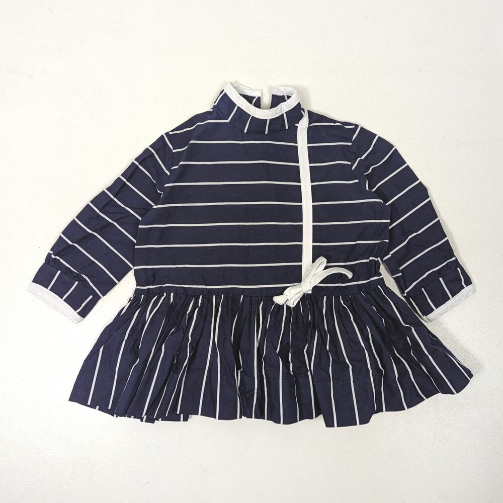 Vintage Dids Dress Baby Girls Size 9-12m Navy Stripe Drop Waist Mock Neck Mod